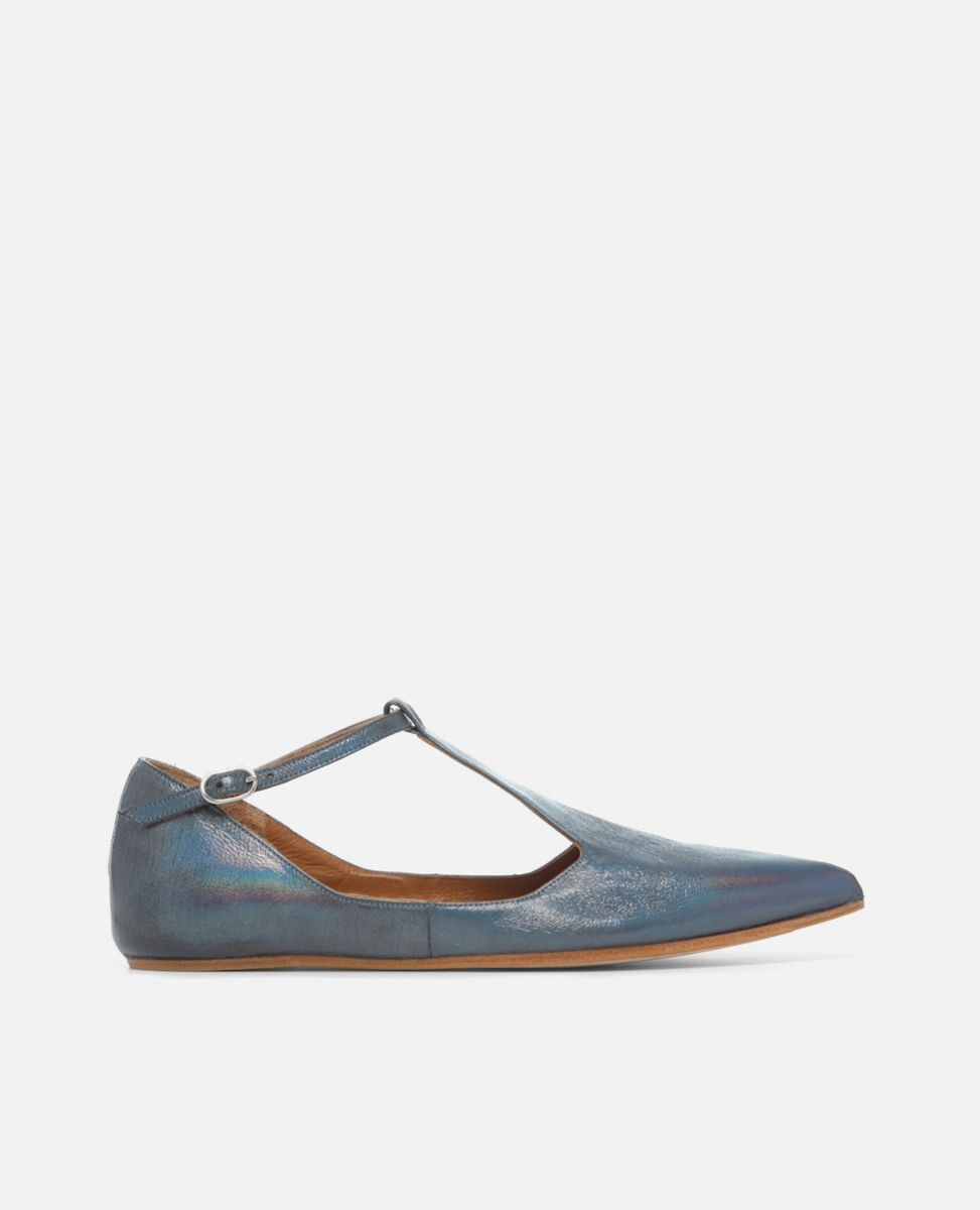 Blue metallic flat shoe with a T-strap on a white background