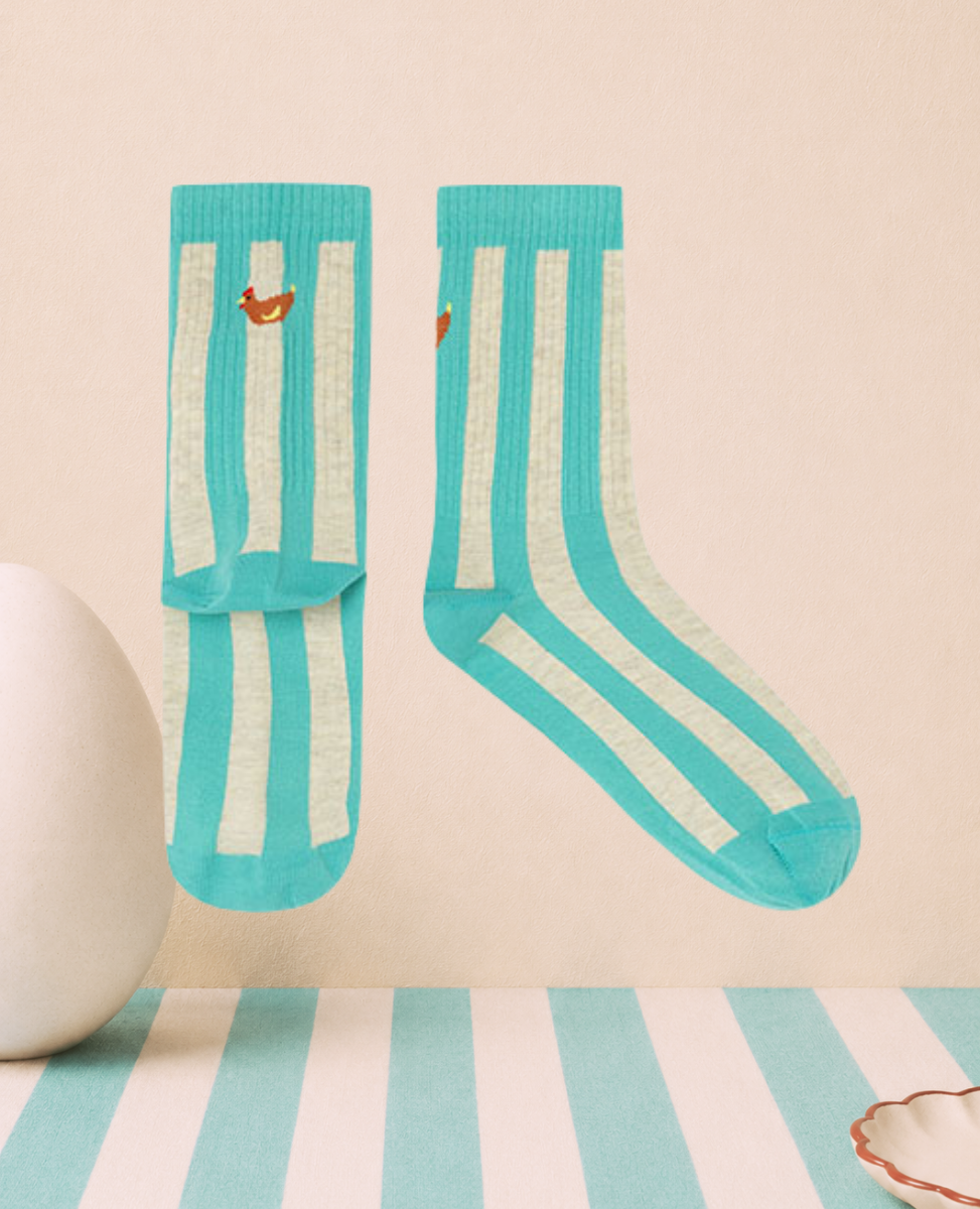 Dr Bloom Hen Socks in Turquoise, aqua and beige marl vertical stripe cotton socks with an embroidered hen at the cuff