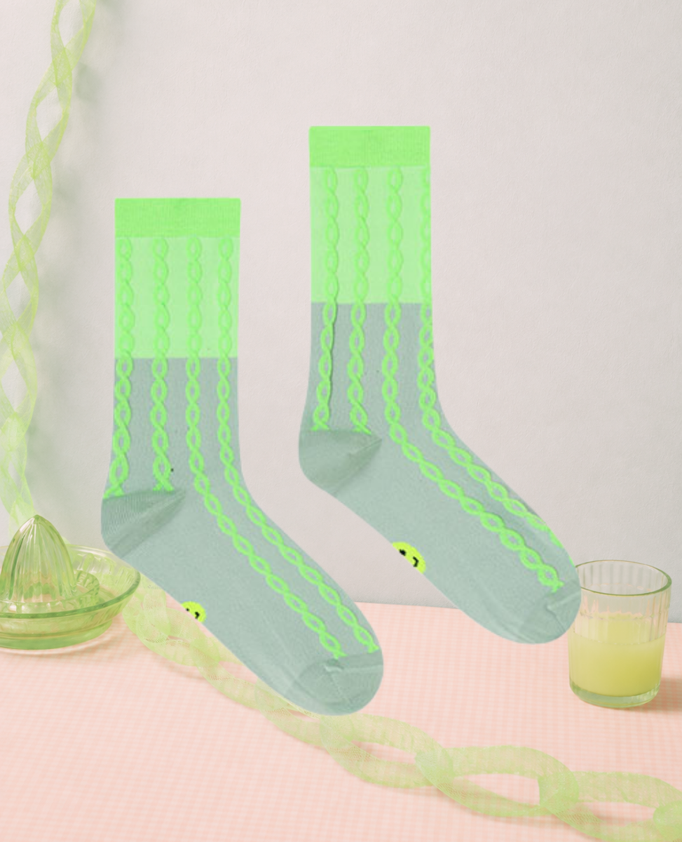 Dr Bloom Plait Socks in Mint-Green, mint mesh socks with a neon green vertical chain pattern and wide green cuff