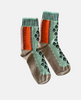 Pair of socks with mint green, orange, and brown pattern on a white background 2