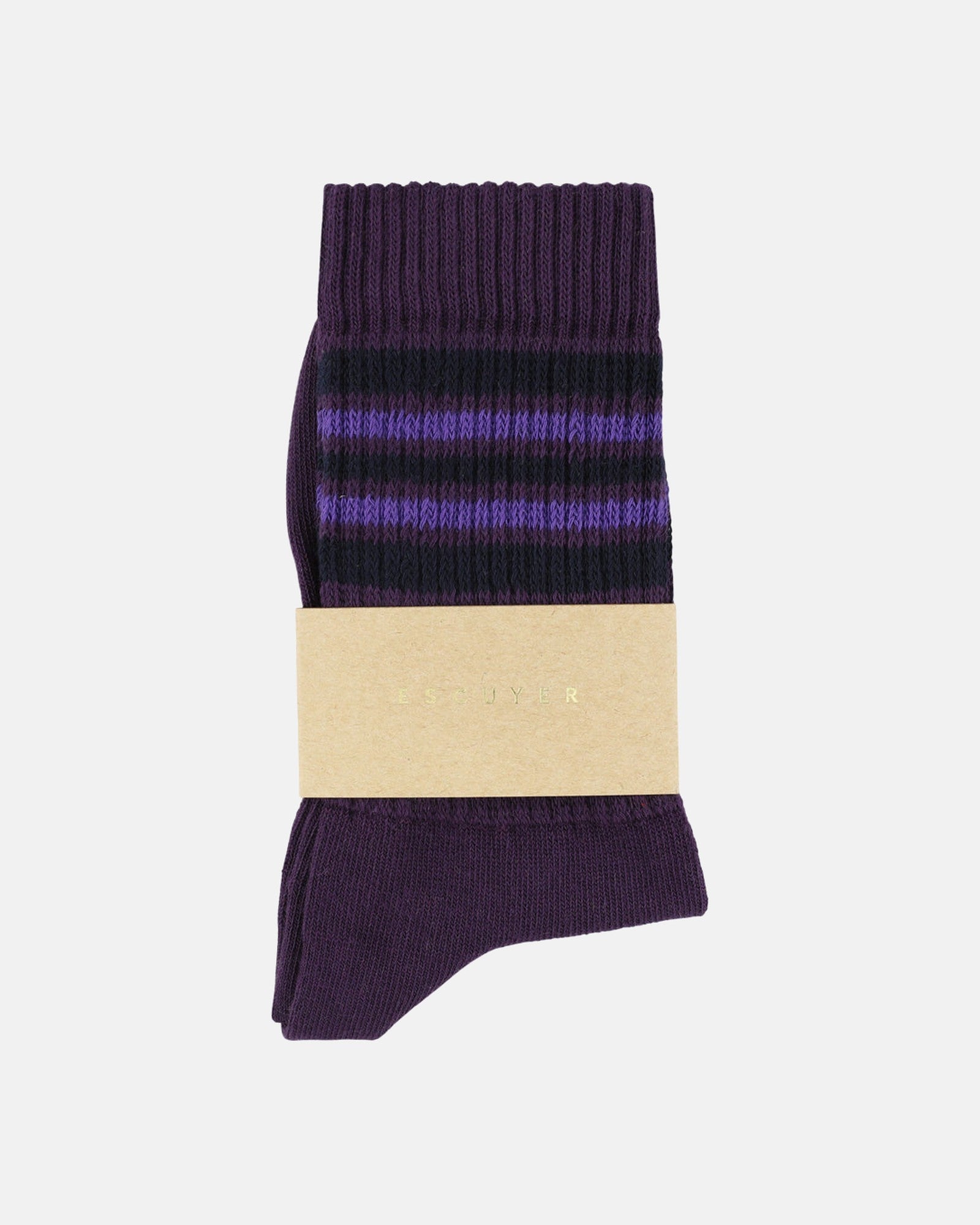 Escuyer violet, blue and purple 5 stripes socks detail