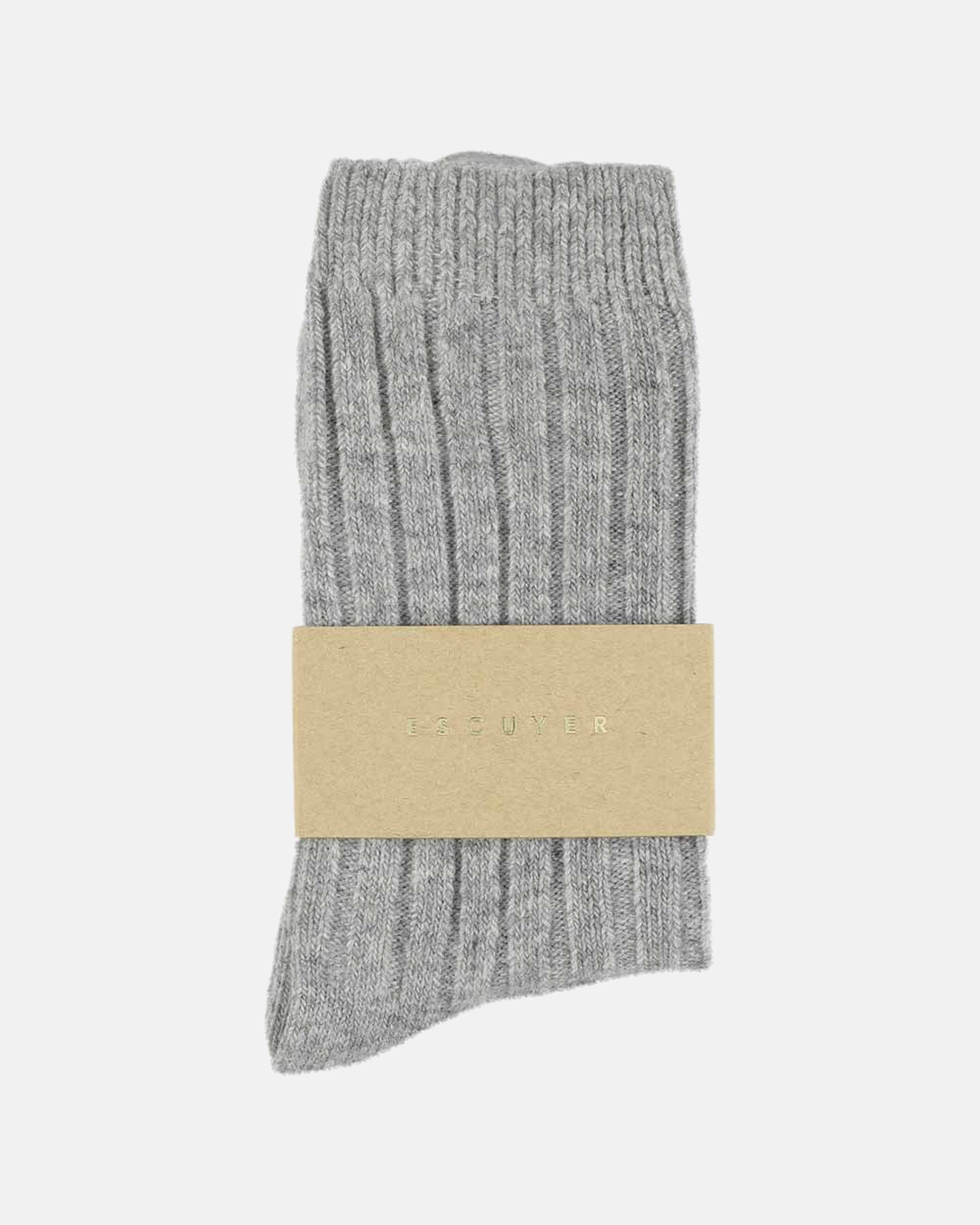 Escuyer light grey socks folded with brand band on a light grey background