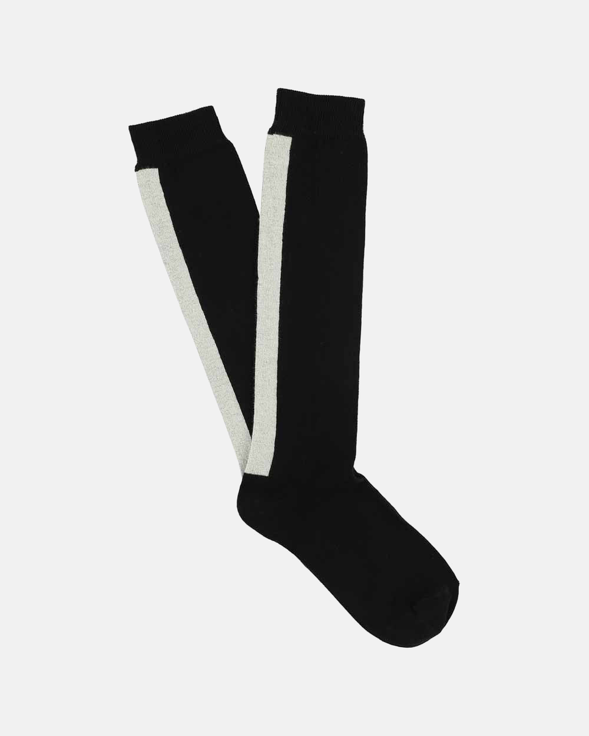 Escuyer women's knee high socks in black with an ecru side stripe on a light grey background
