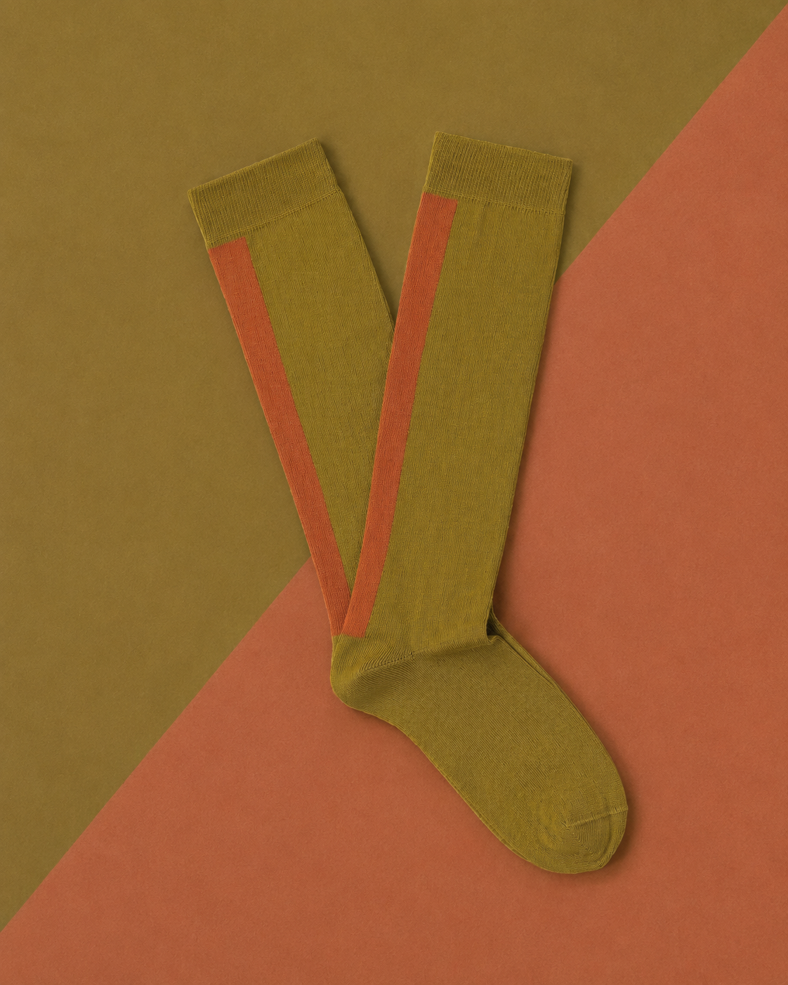 Escuyer women's knee high socks in bronze and lion on a two-tone olive and terracotta background