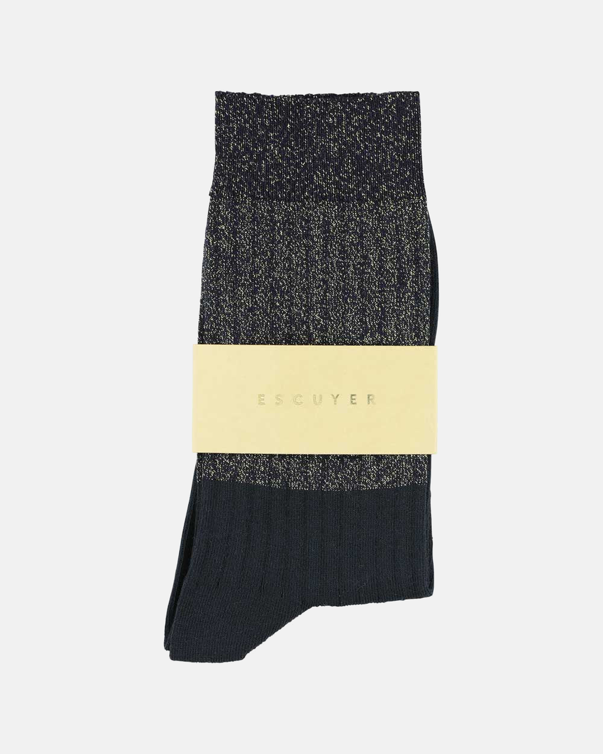 Escuyer black and gold Lurex socks folded with brand band on a light grey background