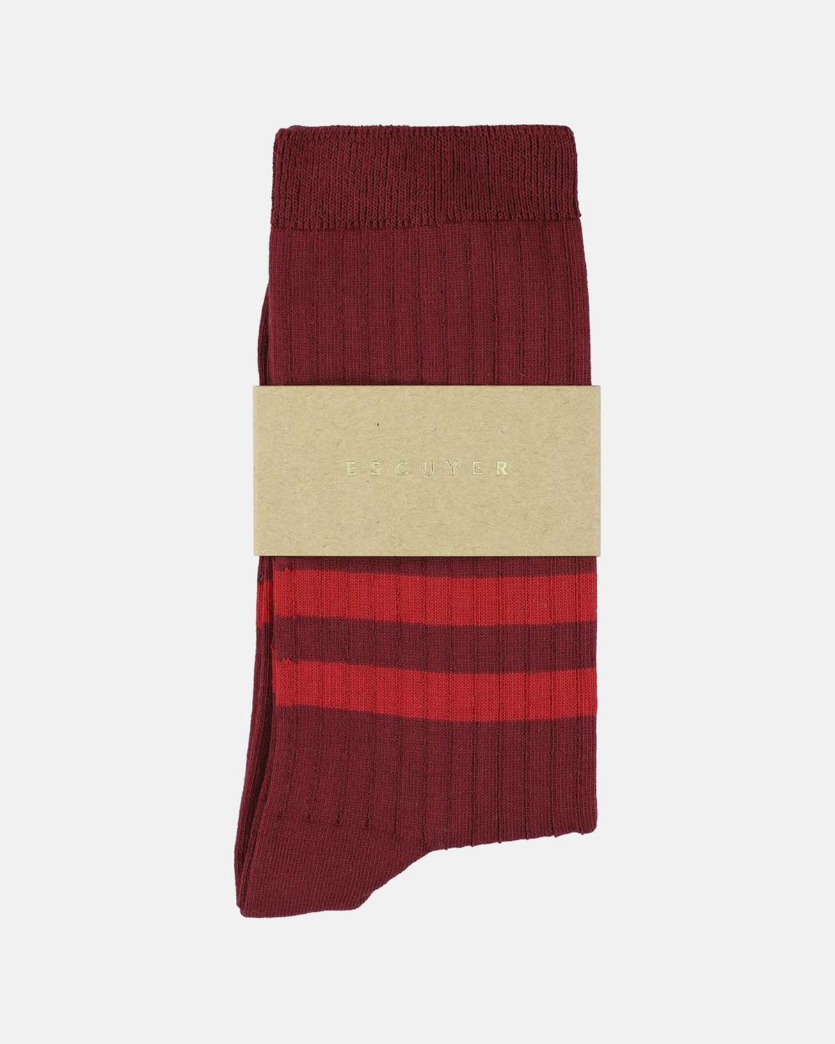 Escuyer bordeaux and red socks folded with brand band on a light grey background