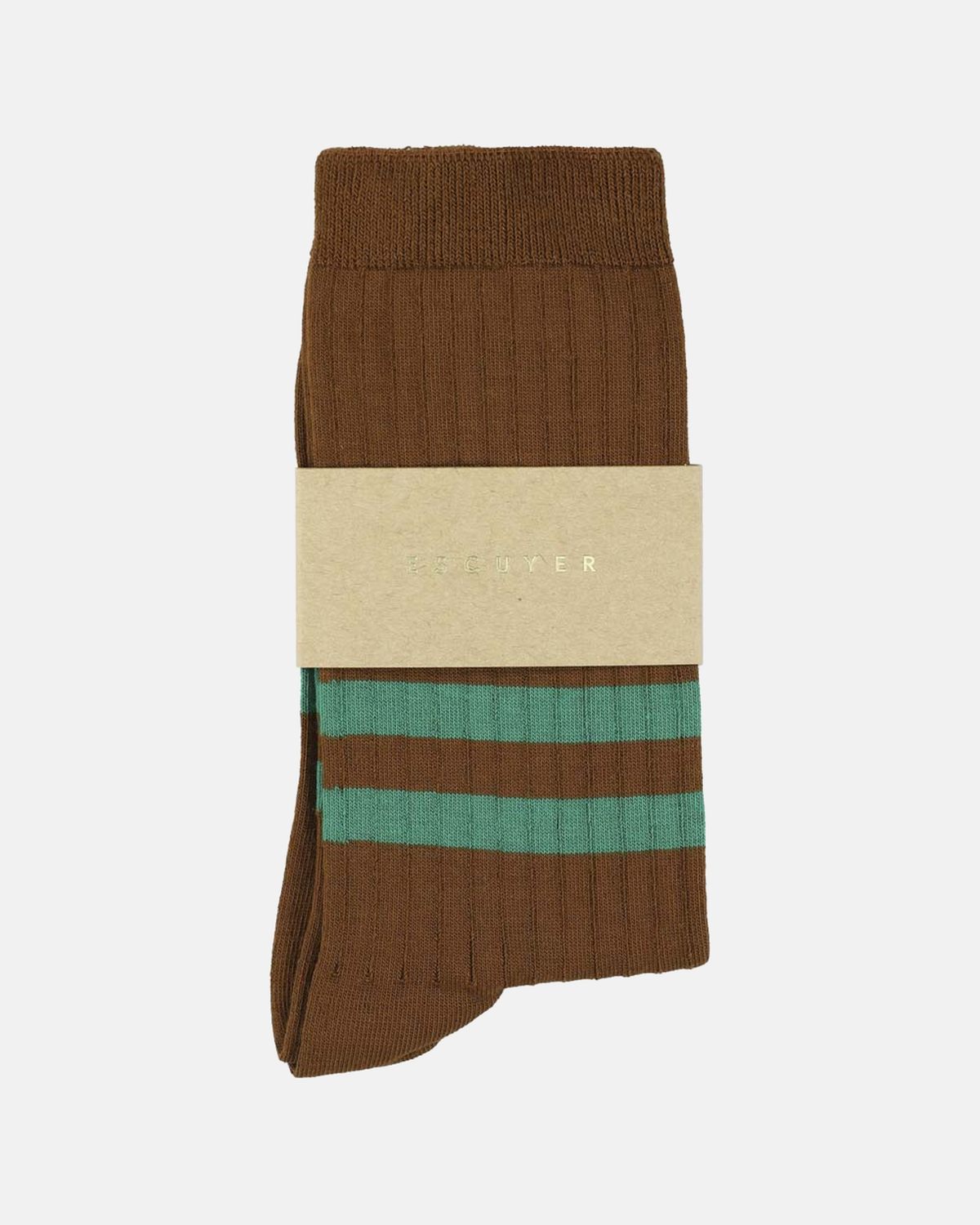 Escuyer brown and green socks folded with brand band on a light grey background