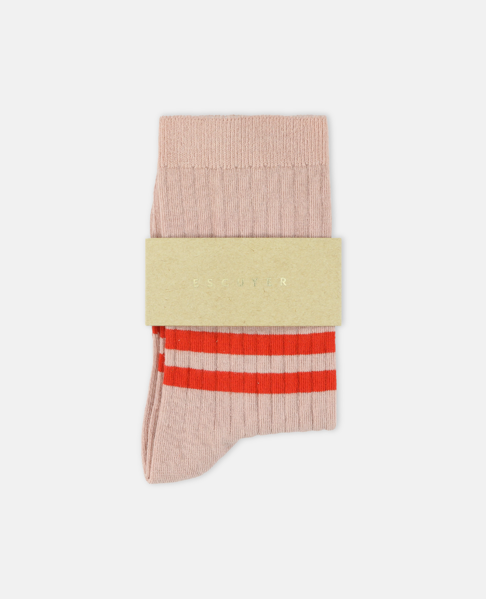 Escuyer Pink sock with red stripes on a white background