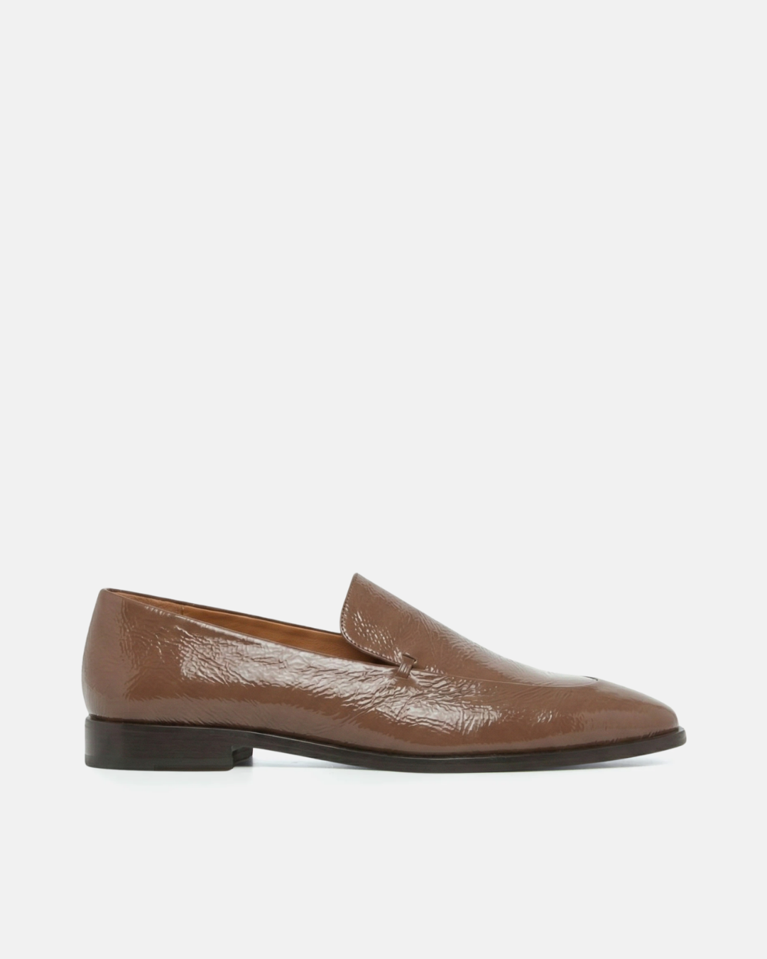 Coclico Halyn Loafer in Boue crinkled patent, a muted taupe square toe penny loafer