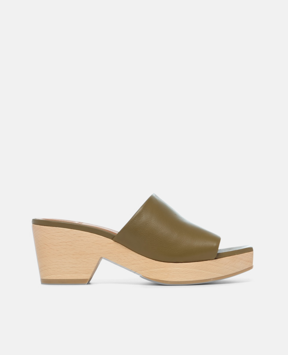 A stylish clog sandal featuring an olive green leather upper, an open toe design, and a light wooden block heel and platform.