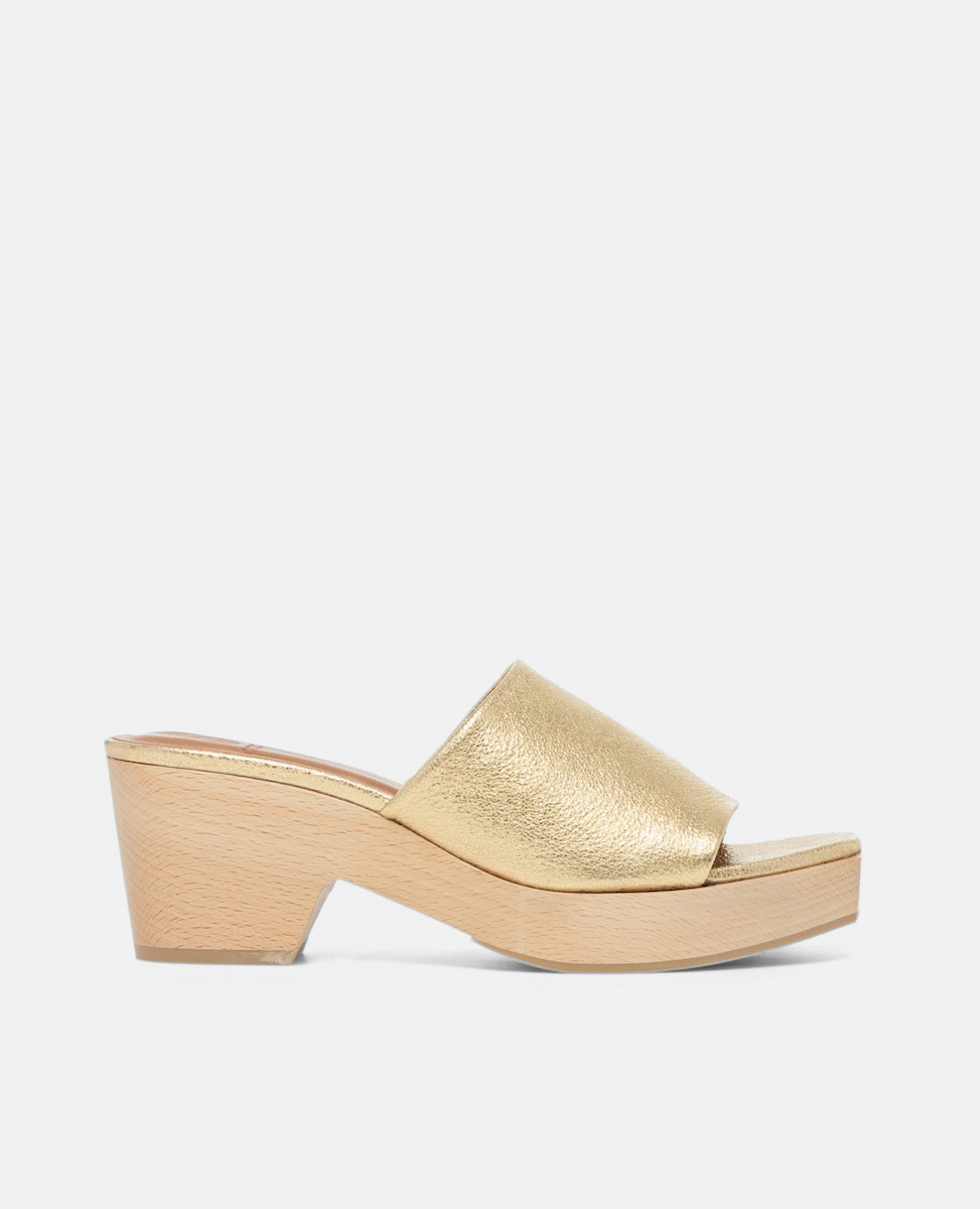 Gold suede leather women's wood clog slide sandal, from the side