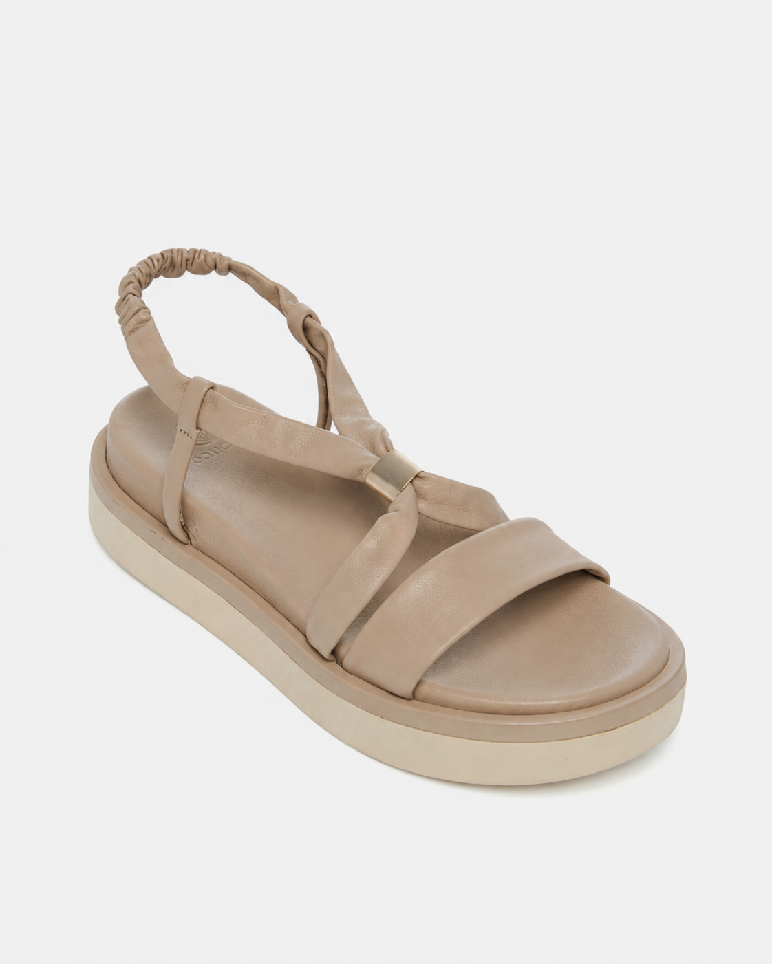 Beige sandal with a platform sole on a light gray background