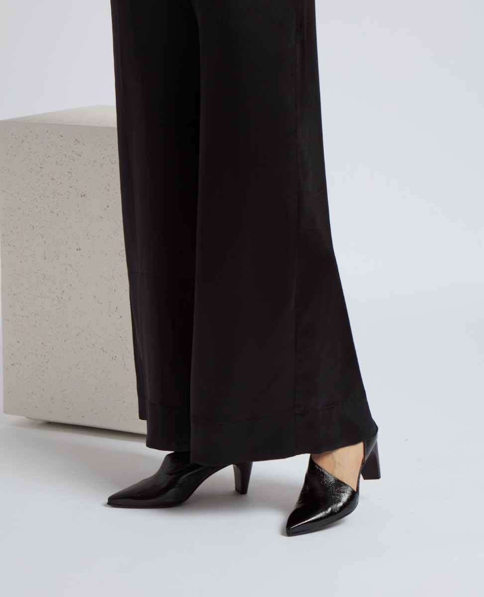 A pair of sleek, black, pointed-toe high-heeled shoes with a glossy finish, featuring a mid-height block heel and a smooth, polished texture.