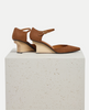 Pair of brown high-heeled shoes on a white pedestal 4