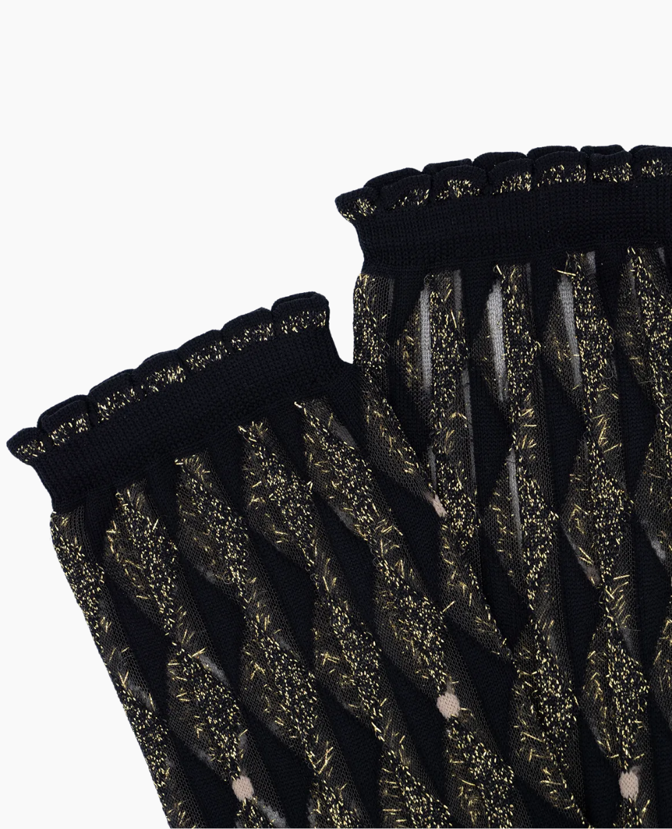 Close-up of black and gold patterned fabric with a textured finish.