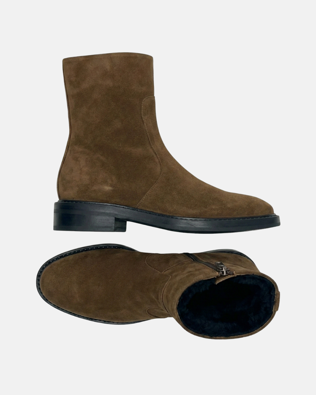 Coclico Theo Shearling Boot in Cowgirl split suede, a warm tan shearling lined boot with a slim ankle strap and single stud