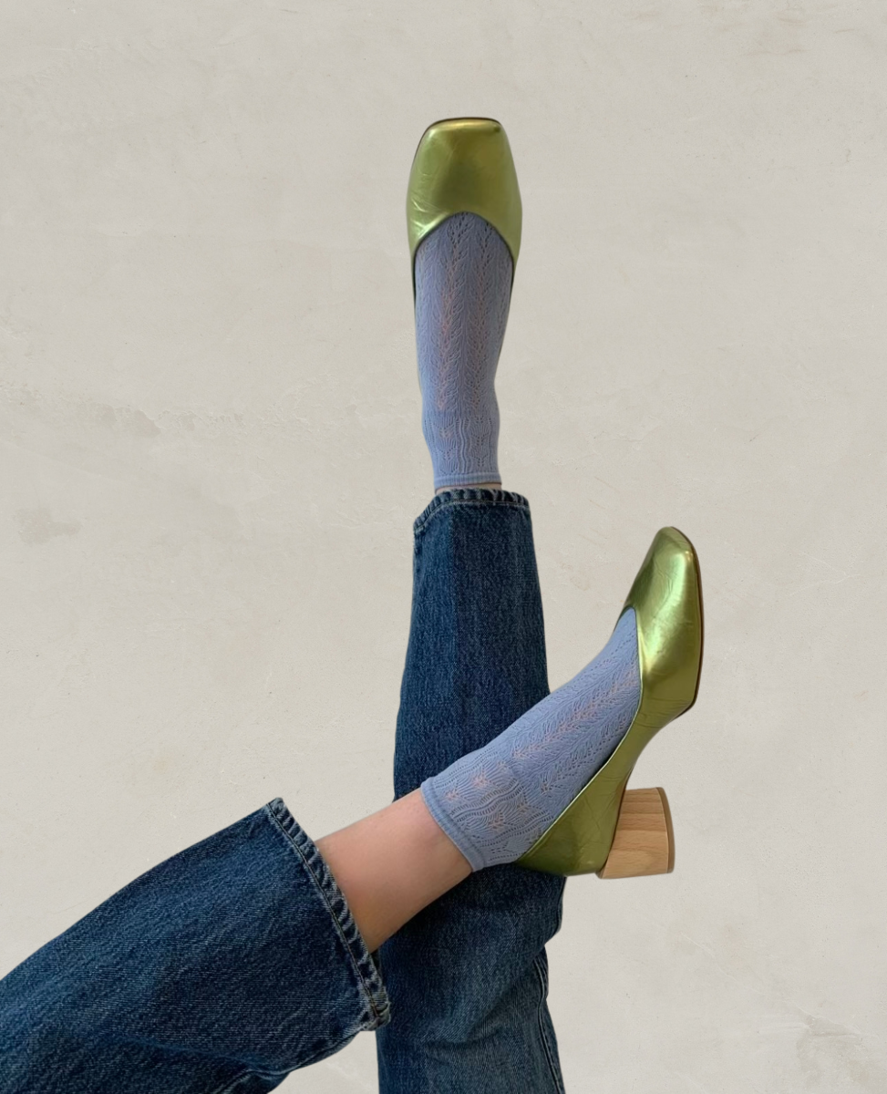 Erica Socks on the foot, styled with lime green pumps