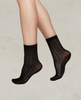 Open weave socks shown worn on a woman's feet from the knee down. 1
