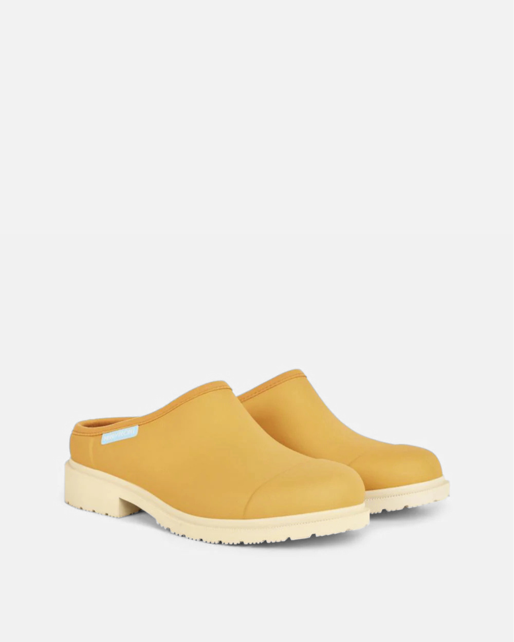 Yellow neoprene slide with off-white rubber sole against light grey background