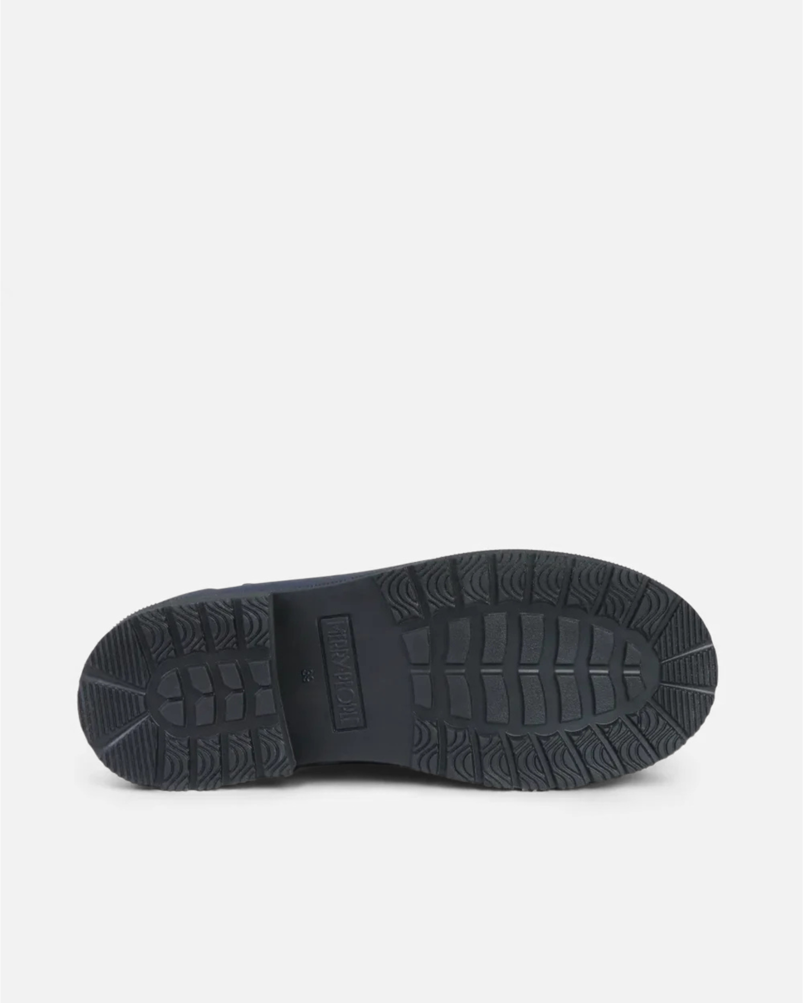 Navy rubber sole against light grey background