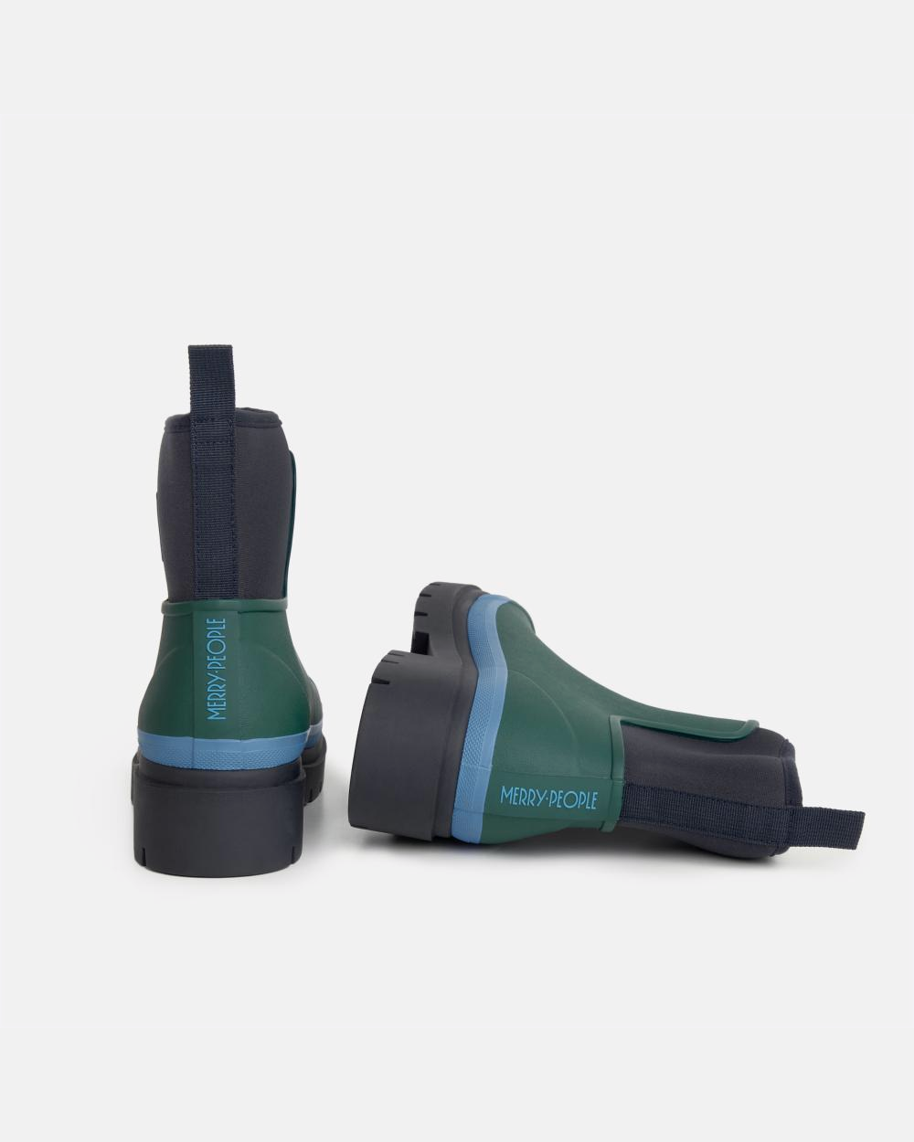 Dark green rubber ankle rain boot seen from the back and side, showing the pull tab