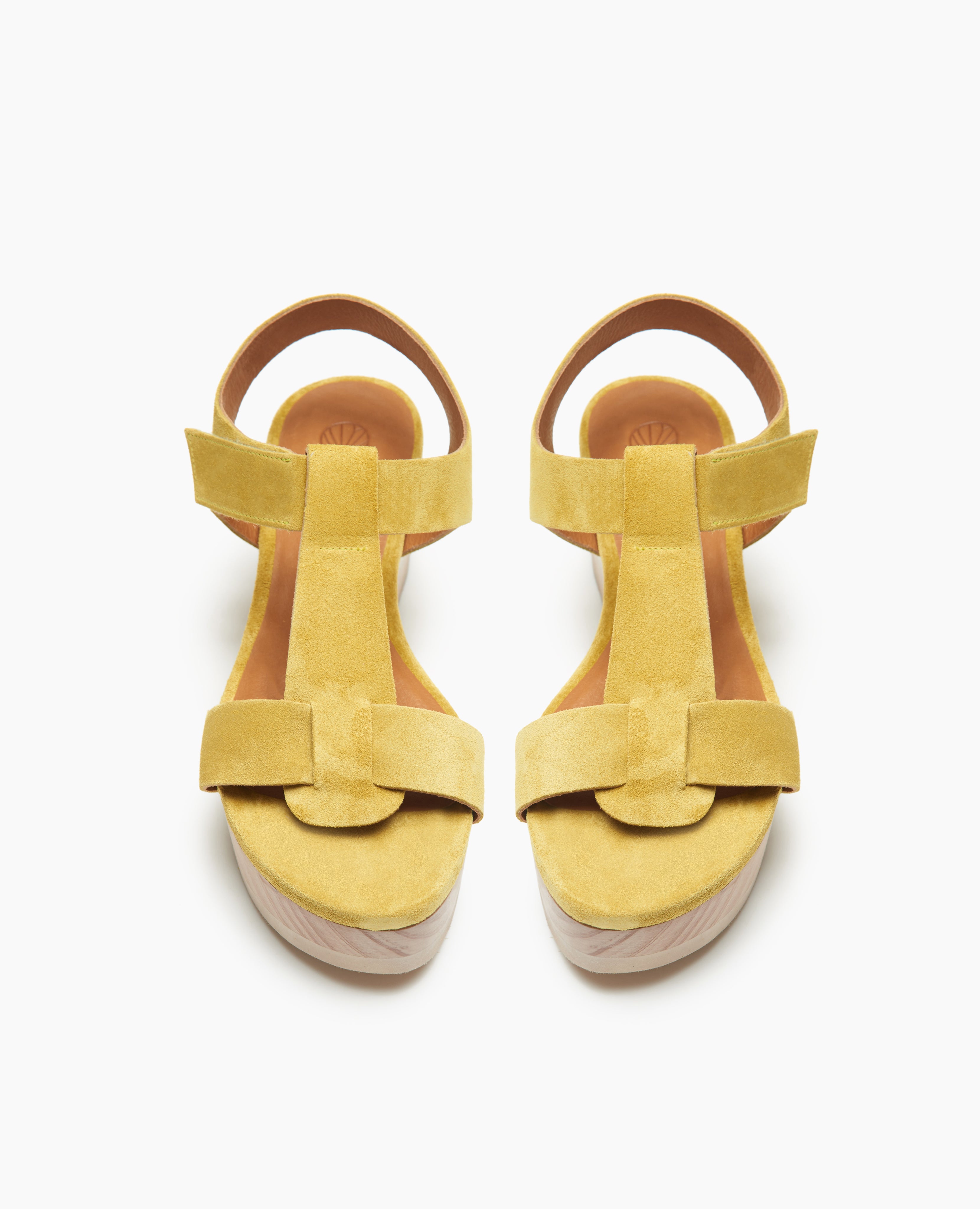 Top view: Coclico Ally Clog in Certosa suede: open t-strap sandal on solid wood wedge platform with velcro closure.