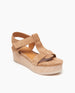 Coclico Ally Clog in Tobacco suede, angled view: Open t-strap sandal on a wood wedge platform. Velcro closure. 2