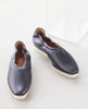 Close up of Coclico Alskling Flat in Black leather: elasticated top line that hugs the foot, two-part .5 inch EVA sole, squared-off toe. 4