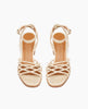 Babs Heel in Champagne shimmer suede: open sandal with 6 tubular straps across the foot, ankle strap, buckle closure, wood block mid-height heel - top view. 3