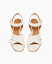 Bay Heel in Greige (off-white) leather: open sandal with 2 tubular straps across the foot, ankle strap, peg closure, wood block mid-height heel - top view. 3