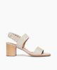 Side view of Coclico Bita Heel in Grey Mist (Marmo) leather: Open sandal two straps across foot, elasticated back strap, gently curved wood block mid-height heel. 1