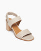 Coclico Bita Heel in Grey Mist (Marmo) leather, angled view: Open sandal with straps across foot, wood block mid-height heel, elasticated back strap. 3