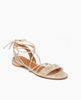 Coclico Cat Sandal in Champagne shimmer suede, angled view: Flat gladiator style sandal with narrow leather straps across foot and ankle, lace up, tie closure. 2