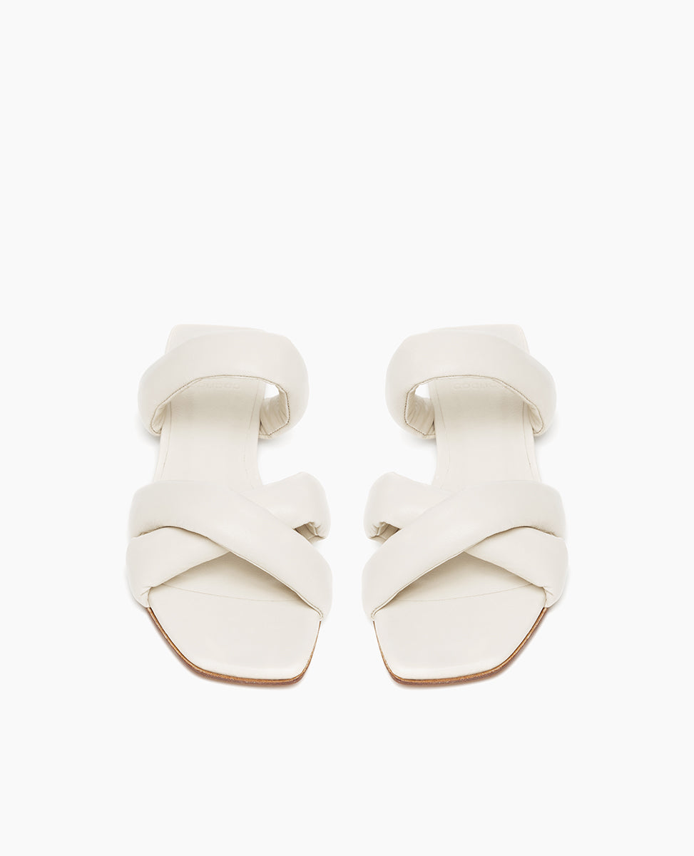 Top view of Coclico Fanima Sandal in Greige leather: a slide with tubular padded straps, squared-off toe and heel, flat feel.