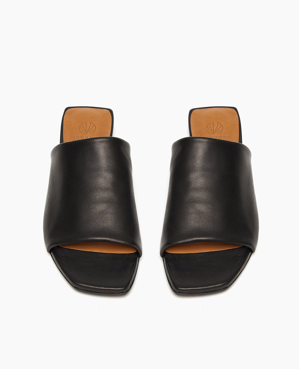 Top view: Coclico Ferhana Sandal in Black leather: flat slide-on style with one solid band of leather, squared-off at the toe and heel.