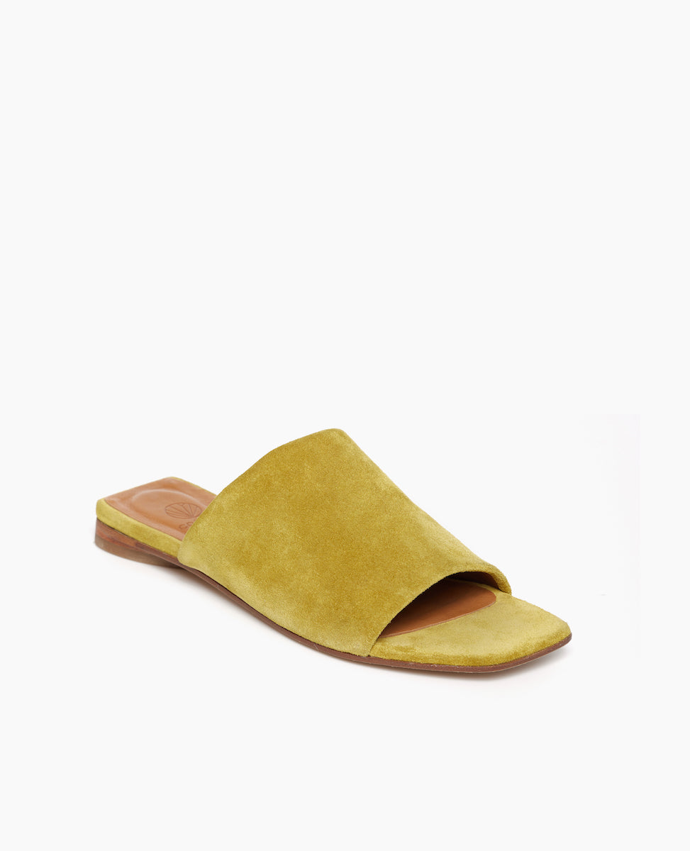 Coclico Ferhana Sandal in Certosa suede, angled view: flat slide-on style with one solid band of leather, squared-off at the toe and heel.