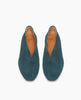 Top view of the Coclico Harissa Flat in Bottle suede, a slip-on high vamped flat with a softly rounded toe, leather sole and a 10mm solid wood heel. 3