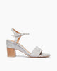 Side view of Coclico Ingrid Heel in Platino Emboss leather: open-toe, textured leather-wrapped demi-wedge, walnut wood heel. 1