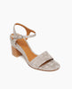 Coclico Ingrid Heel in Platino Emboss leather, angled view: an open-toe, textured leather-wrapped demi-wedge, walnut wood heel. 4
