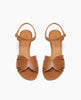 Coclico Ivy Heel in Cuoio leather: a leather-wrapped demi-wedge heel, carved out strap across foot, buckle closure, mid-height curved walnut wood heel, with a quarter strap- top view. 3