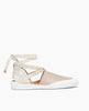 Side view of Coclico Kashm Sneaker in Grey Mist leather: a unique flat-like feel sneaker with recycled rubber sole, leather upper secured with wide cotton laces that wind around the ankle. 1