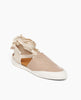 Coclico Kashm Sneaker in Grey Mist leather, angle view: unique flat-like feel sneaker with recycled rubber sole, leather upper secured with wide cotton laces that wind around the ankle. 2