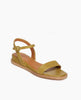 Angle view Coclico Kent Sandal in Torbellino Olive leather: open sandal, slim leather strap at toe, quarter strap, 1 inch inset wedge, buckle closure. 2