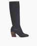 Kitten Boot in Deep Sea leather, side view: Tall boot with ruched heel, 75mm solid wood block heel, rounded toe.    1