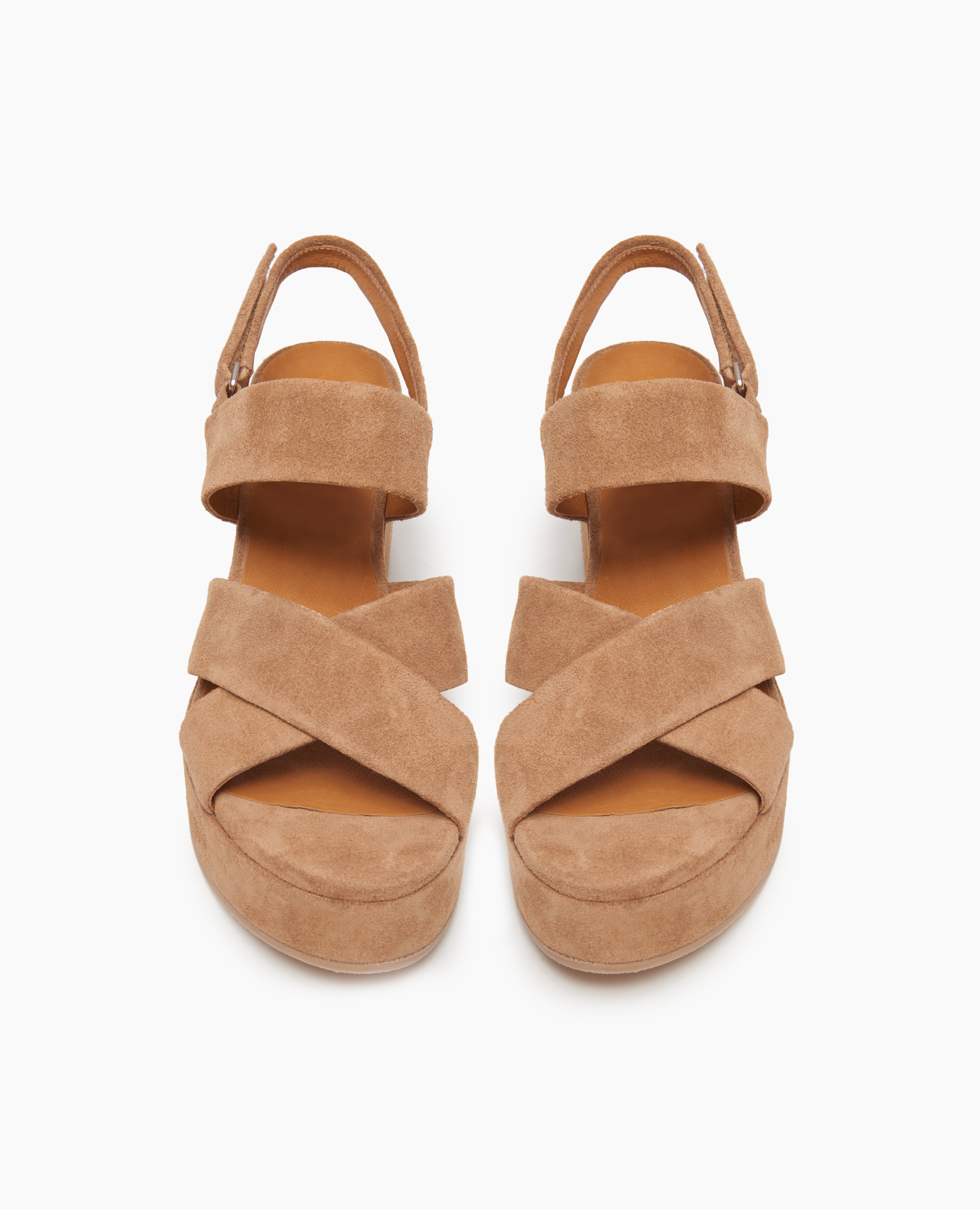 Coclico Lacine Wedge in Tobacco suede: Open crisscrossed sandal on a recycled cork wedge platform, velcro closure, back strap -top view