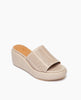 Coclico Laleh Wedge in Grey Mist (Marmo) leather perfed a slide-on cork wedge covered in padded leather and a pinhole strap across foot - angled view. 2