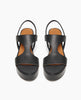 Top view of Coclico Lion Wedge in Deep Sea (blue/black) leather, a full coverage t-strap wedge with elasticized leather slingback strap with a leather wrapped cork platform. 3