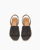 Coclico Okolo Sandal in Black leather: slingback sandal with wide stretch leather band across the foot and softly curved, low, solid wood heel - top view. 3