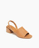 Coclico Okolo Sandal in Mandorla leather: a slingback sandal with a wide stretch leather band across the foot and a softly curved, low, solid walnut wood heel - angle view. 2