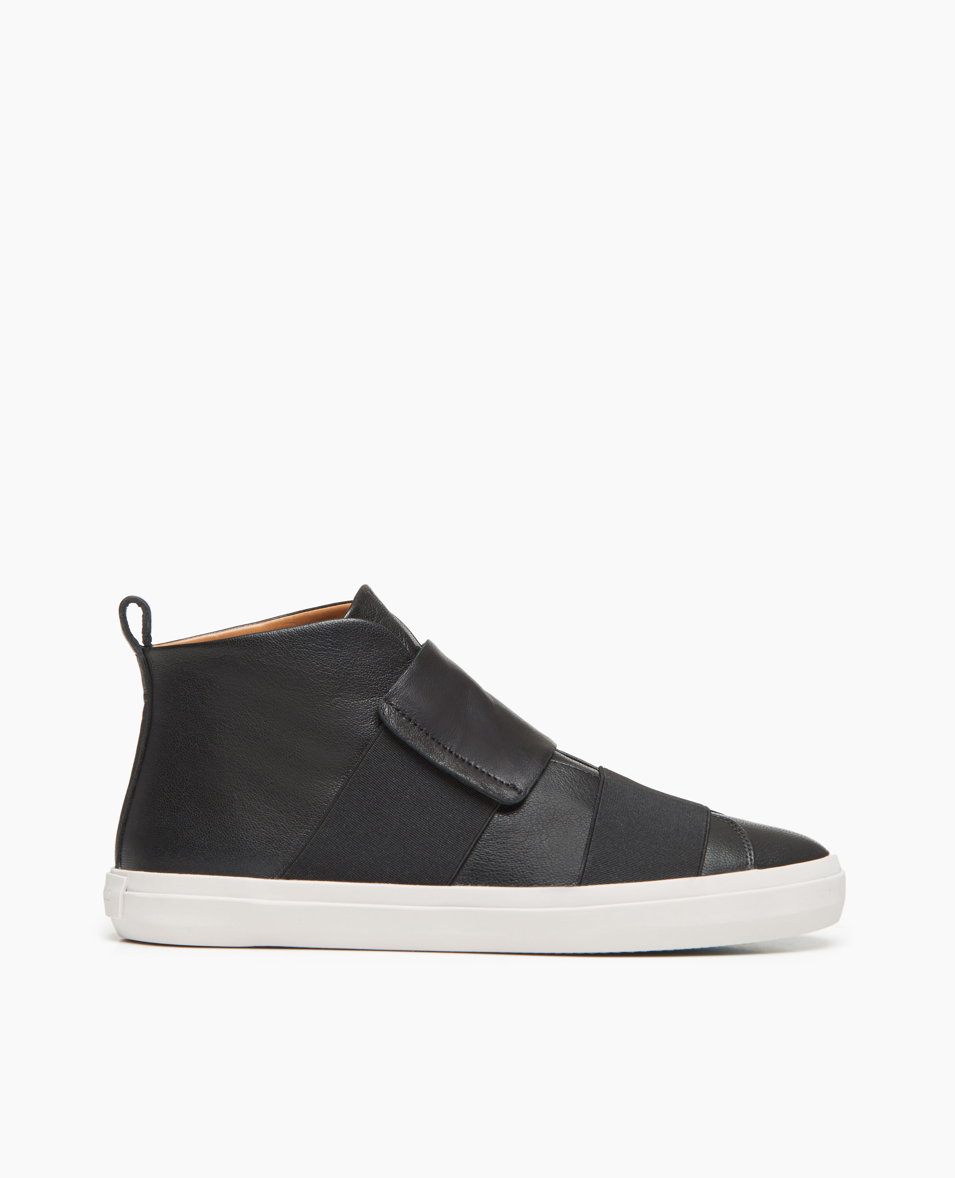 Side view of the Opa High-Top Sneaker in Black: featuring an almond toe shape, elasticated bands in supple, buttery leathers and vegetable tanned linings and covered footbed.
